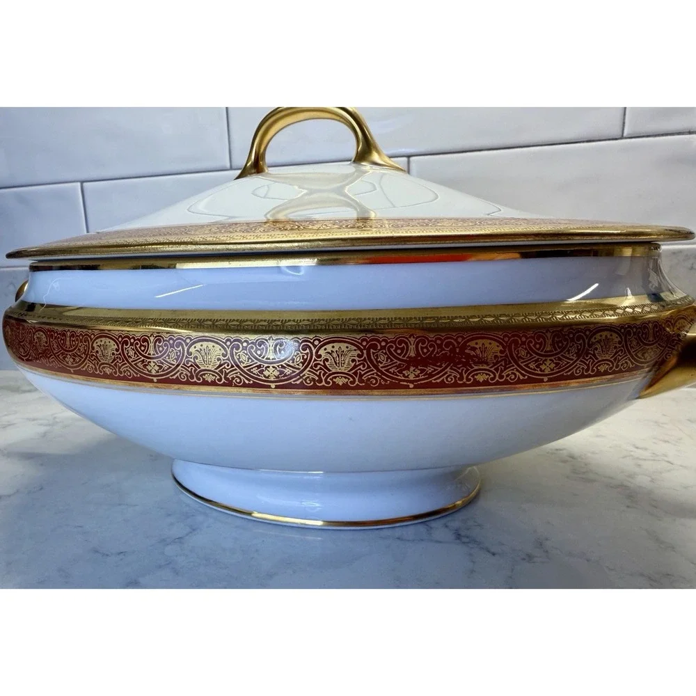 Antique B&C Limoges France Porcelain Soup Tureen Lidded Oval Red Gold Gilt 16765